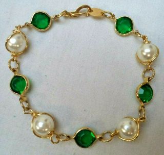 Stunning Vintage Estate Green Rhinestone & Pearl Bead 7 " Bracelet 2610o