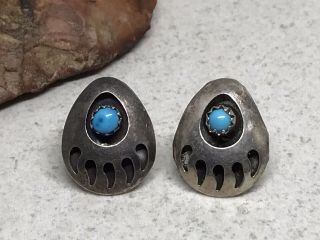 Vintage Native Navajo Sterling Silver Turquoise Shadow Box Bear Claw Earrings
