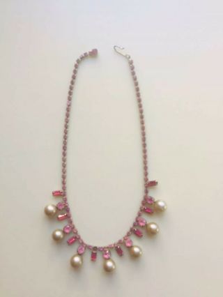 Vintage Diamante Pink Rhinestone And Faux Pearl Necklace