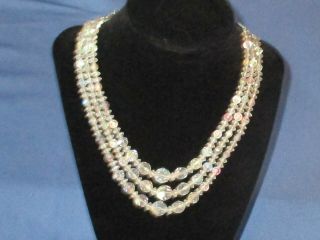 Vintage 3 Strand Silver - Tone Metal Aurora Borealis Crystal Bead Necklace