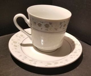 Vintage Antibes 8080 China Footed Cup Saucer By Sango Set Of 2 White & Grey