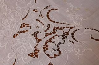 Vintage Fabulous White Linen Tablecloth Dense Cut Work & Emb 70x84