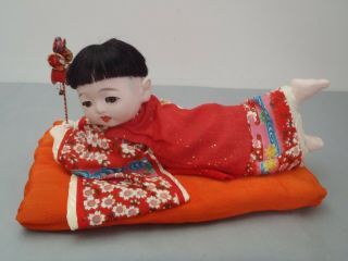 Rare Large Size 14” Vintage Japanese Gofun Kyugetsu Baby Doll Lying On Pillow Th