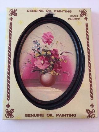 Vtg Nos Handpainted Oil Painting - Small Oval Framed - Pink Flowers In Vase