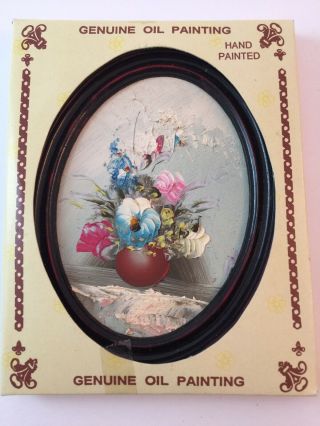 Vtg Nos Handpainted Oil Painting - Sm Oval Framed - Teal - Pink - Flowers - Vase