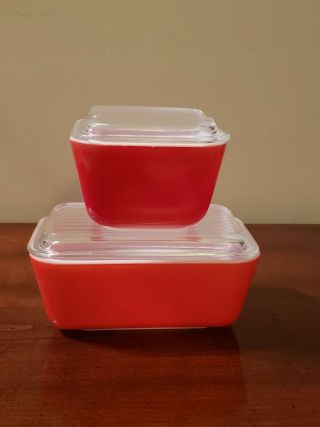 2 Vintage Pyrex Red Refrigerator Dishes 501 With Glass Lids Large And Small