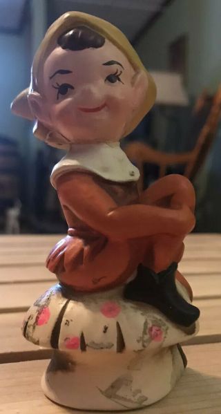 Vintage Lefton Pixie Elf Ceramic Figurine Sitting On Mushroom Japan,  Nos