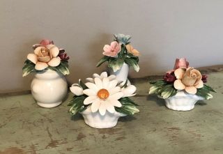 Vintage Set Of Four Italian Capodimonte Miniature Flower Vase Basket