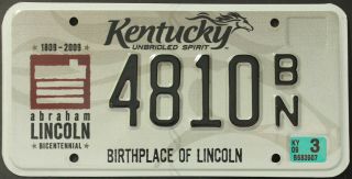 Kentucky 2009 Birthplace Of Lincoln Bicentennial License Plate 4810