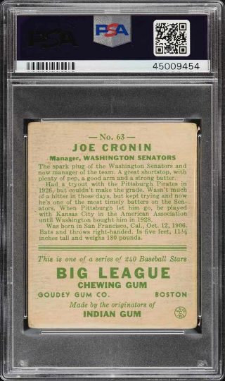 1933 Goudey Joe Cronin 63 PSA 3 VG (PWCC) 2