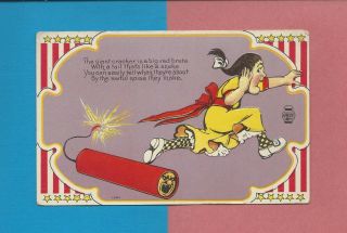 Girl Runs From Huge Firecracker Vintage Comic Patriotic July 4th Postcard