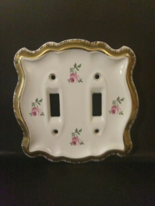 Vintage Porcelain Double Switch Plate Cover Floral With Gold Trim