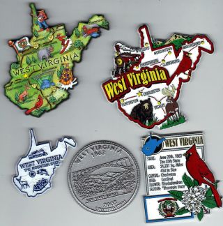 West Virginia Magnet Assortment 5 Souvenirs With Jumbo Artwood Map Magnet
