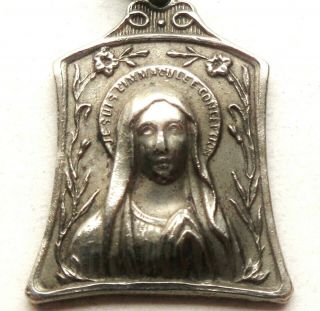 Gorgeous Art Nouveau Floral Decors Antique Silver Medal Pendant To Holy Mary