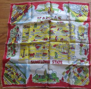 Vintage Kansas Silk Scarf Handkerchief - Kansas Souvenir - State Map Tourist