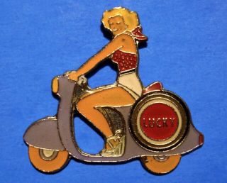 Lucky Strike Cigarette - Pin Up Girl On A Purple Scooter - Vintage Lapel Pin