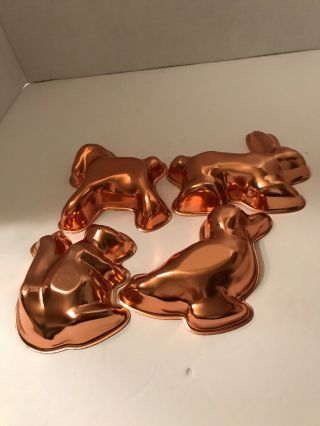 Set Of 4 Great Vintage Copper Animal Jello Molds Horse Rabbit Duck Squirrel