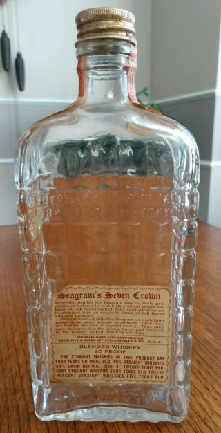 Vintage 1955 Seagram ' s 7 Crown Blended Whiskey 1 Pint EMPTY Clear Glass Bottle 2
