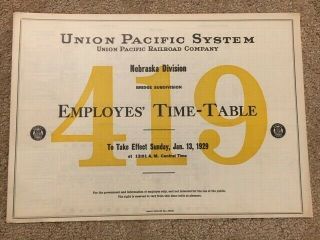 1929 Union Pacific Railroad Co Up Sys Employee Timetable Nebraska Division 419