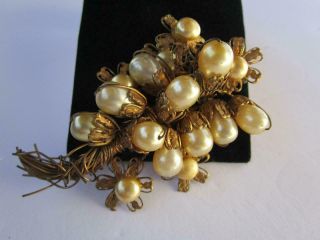 Vintage Early Miriam Haskell Style Wired Flowers Faux Baroque Pearls Brooch Pin