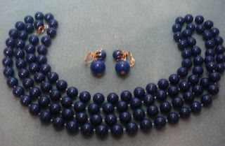 Vintage Retro Mid Century Mod Navy Blue Lucite Bead Clip On Earrings Necklace