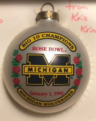 1992 Rose Bowl Souvenir Christmas Tree Ornament With Michigan Big 10 Champs