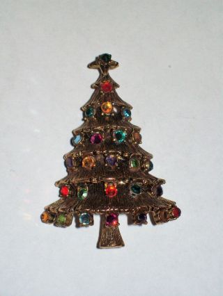 Vintage Hollycraft Goldtone Colorful Rhinestone Christmas Tree Brooch
