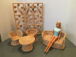 Vintage 70s Wicker Rattan Doll Furniture With Folding Screen Barbie Size