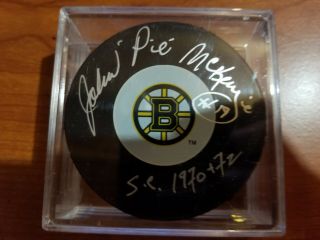 John " Pie " Mckenzie Boston Bruins Signed Sc 1970 & 72 Autograph Auto Puck No