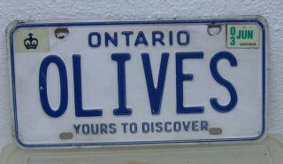 Ontario Personal Vanity License Plate Name Olives Garage Man Cave Bar Sign