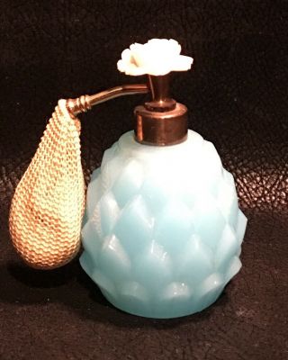 Rare Vintage Art Deco Perfume Atomizer Bottle Blue Pineapple Cut Glass Rose