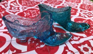 Two Vintage Blue Glass High Heeled Shoes Boots