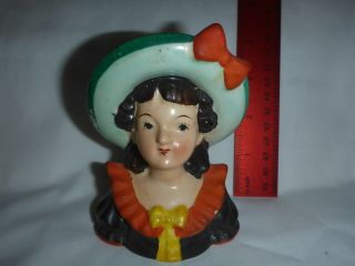 Vintage Hand Painted Lady Head Vase Woman Green Hat Red Bow Occupied Japan Made