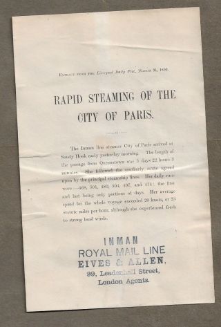1892 Inman Steamship Line City Of Paris Broadside Advertisement