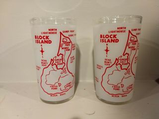 Vintage Frosted Glass Block Island Rhode Island Souvenir Drinking Glasses (pair)