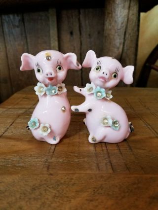 Vintage Salt And Pepper Shakers 1754 Pigs With Rhinestone & Flowers