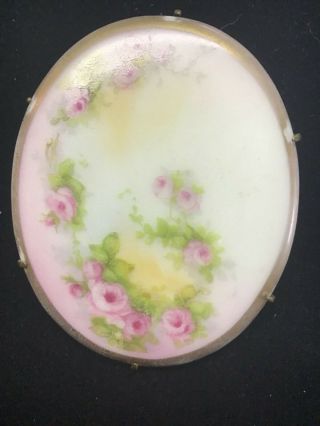 Antique VICTORIAN HAND PAINTED PORCELANE PIN BROOCH ROSES FLOWERS LARGE 2