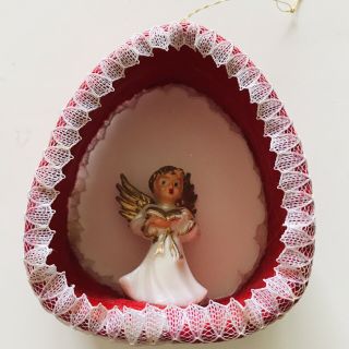 Vintage 1950s Handmade Angel Diorama Christmas Ornament Plastic Red Felt Lace