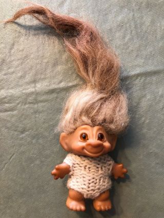 Vintage 2.  5” Blond Brown Hair Troll Doll Crocheted Outfit Orange Glass Eyes