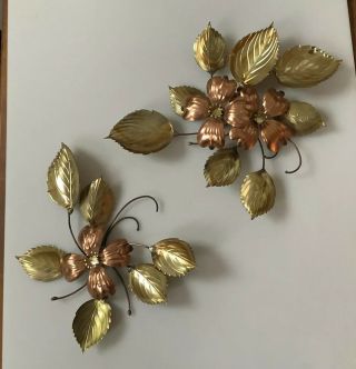 Vintage Set Of 2 Brass & Copper Metal Dogwood Flower Leaves Wall Hanging Decor