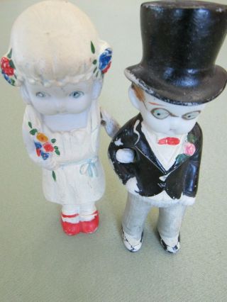Vintage Painted Bisque Bride & Groom Dolls - Pair Penny Dolls Cake Topper 5 3/4 "