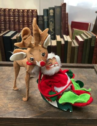 Vintage 1971 Annalee Mobilitee Christmas Santa Claus With Sled And Reindeer 7in