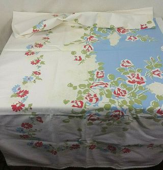 Vintage 1950s Red Blue Yellow Flowers Cotton Tablecloth 48 " X 48 "