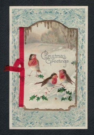 Winsch English Robins Christmas Booklet Attached To Vintage Postcard Red Ribbon
