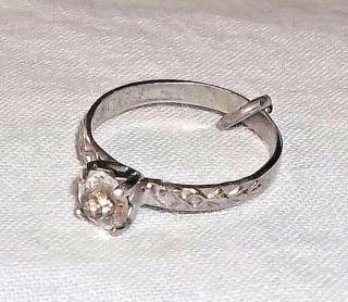 Vintage Solitaire Wedding Ring Charm 925 Sterling Silver W Faceted Rhinestone