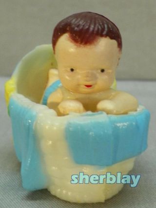 Vintage Plastic Baby Shower Cake Topper Baby Boy Blue Decor Figurine In Cradle