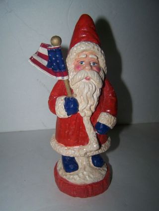 Primitive Vintage Style Santa Claus Folk Art Christmas Figure W/ Flag 8 " T