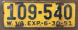 West Virginia 1951 License Plate Quality 109 - 540