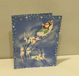 Vintage Christmas Card Santa Sleigh Reindeer Blue Stars Wwii 40 