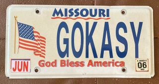 Missouri 2006 God Bless America Vanity License Plate Quality - Go Casey